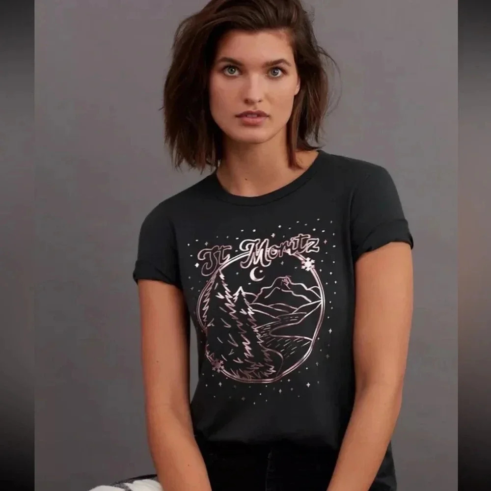 Anthropologie Sol Angeles L St Moritz Graphic Tee Copper Vintage Inspired